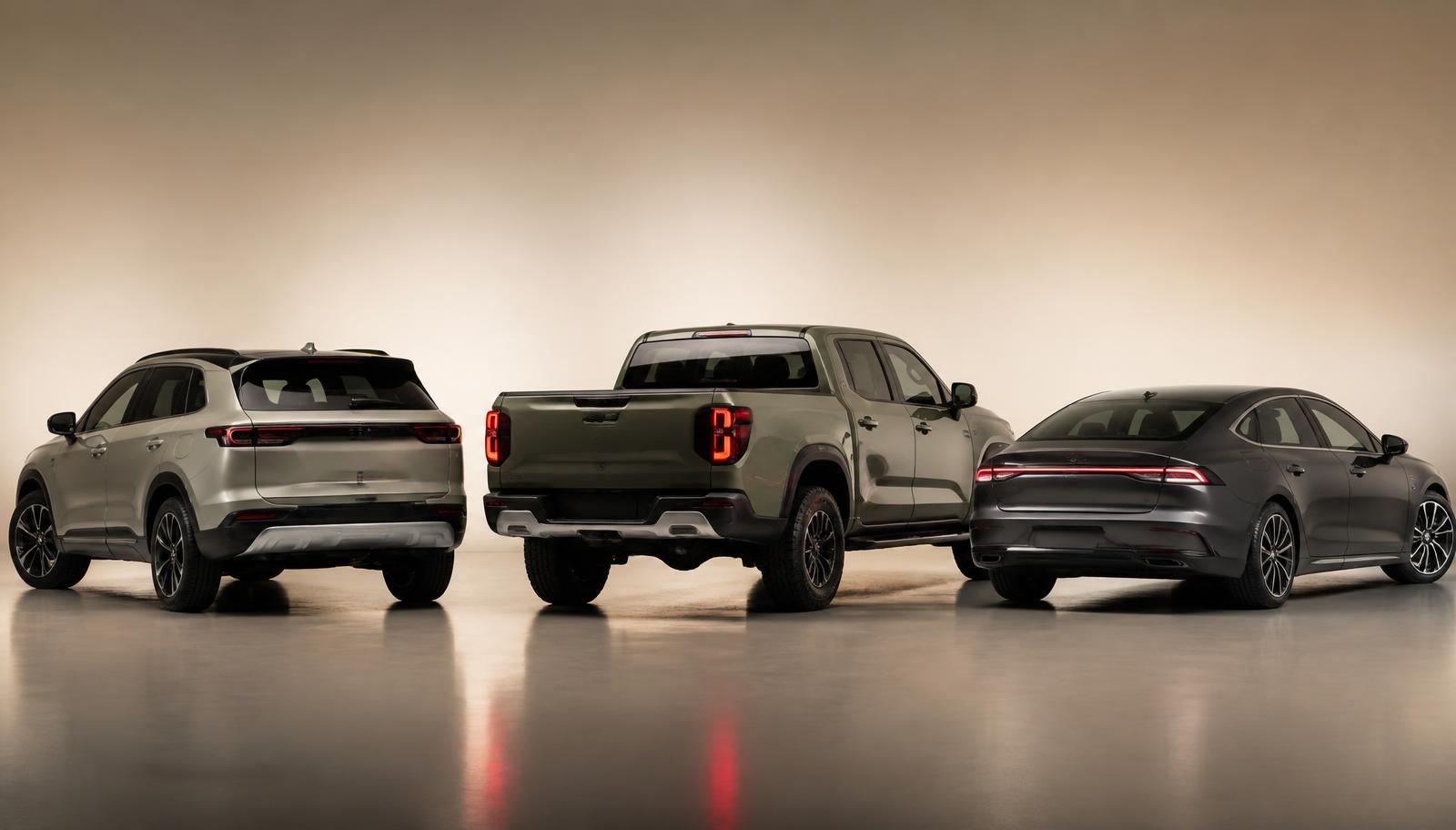 A crossover SUV, a pickup truck and a sedan lined up under soft studio light.
